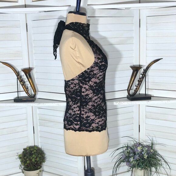 Vintage Y2K Speechless Halter Top High Neck Stretchy Sheer Lace Black Pink Sz S - Picture 7 of 13